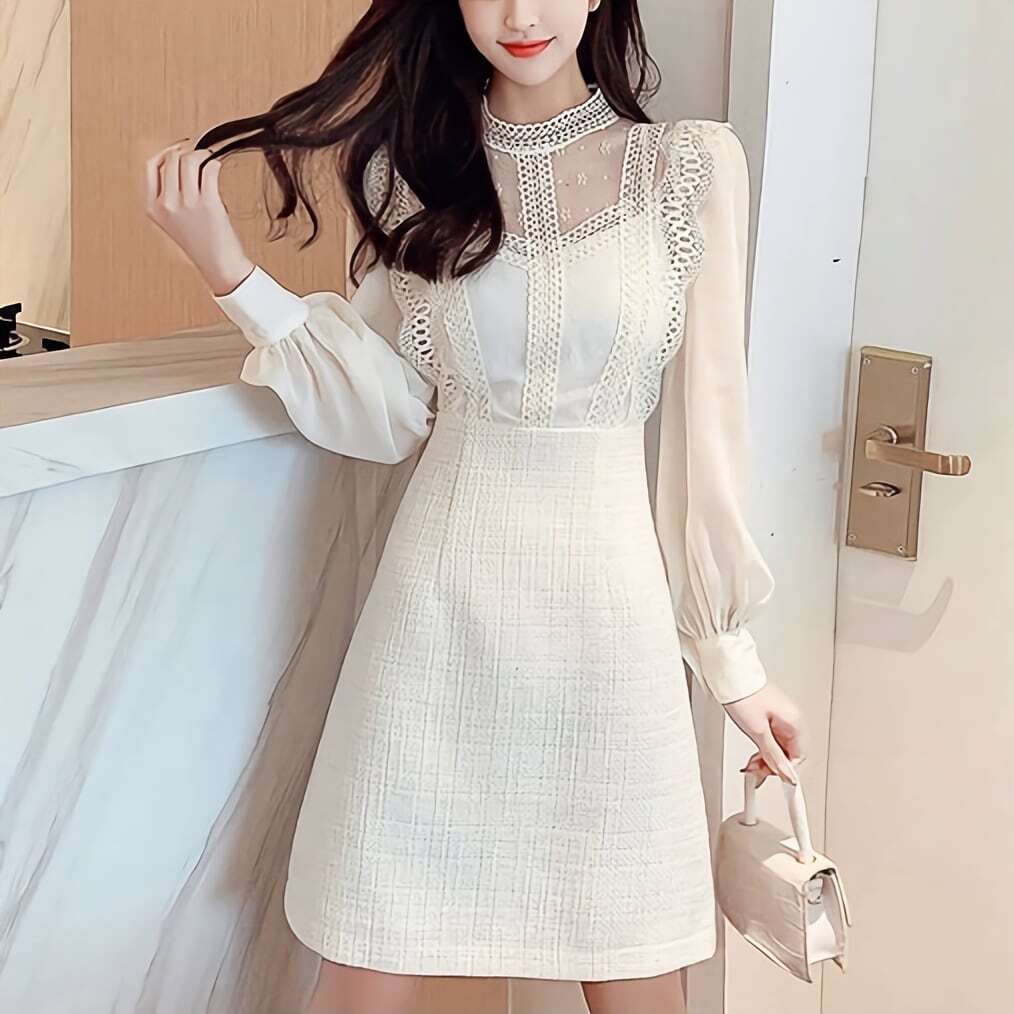 レディース ホワイト レース 長袖 ワンピース タイト ミニ ドレス ハイウエスト シースルー お呼ばれ フォーマル パーティー 大人可愛い ママコーデ ママファッション 韓国系 オルチャン 人気 ト