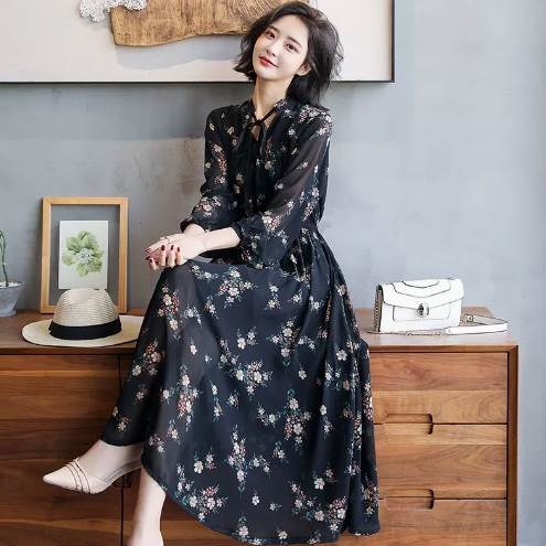 花柄ワンピース ワンピース ロング丈 袖あり 長袖 Vネック シフォン リボン 透け感 シースルー