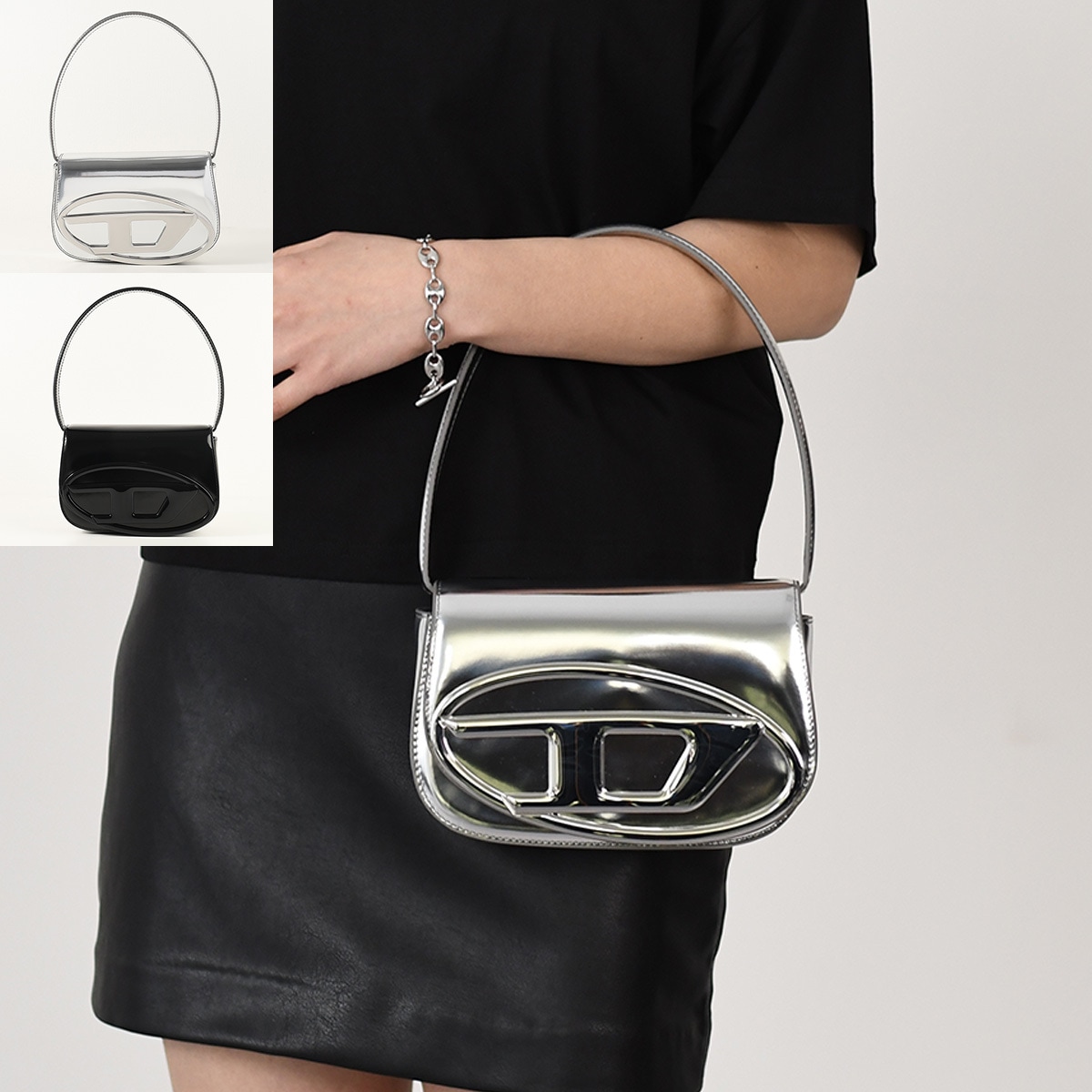 バッグ ハンドバッグ 1DR ワンダー ミラーレザーショルダーバッグ X08396 PS202 レディース シルバー ブラック トップハンドル ミニバッグ 44,040円