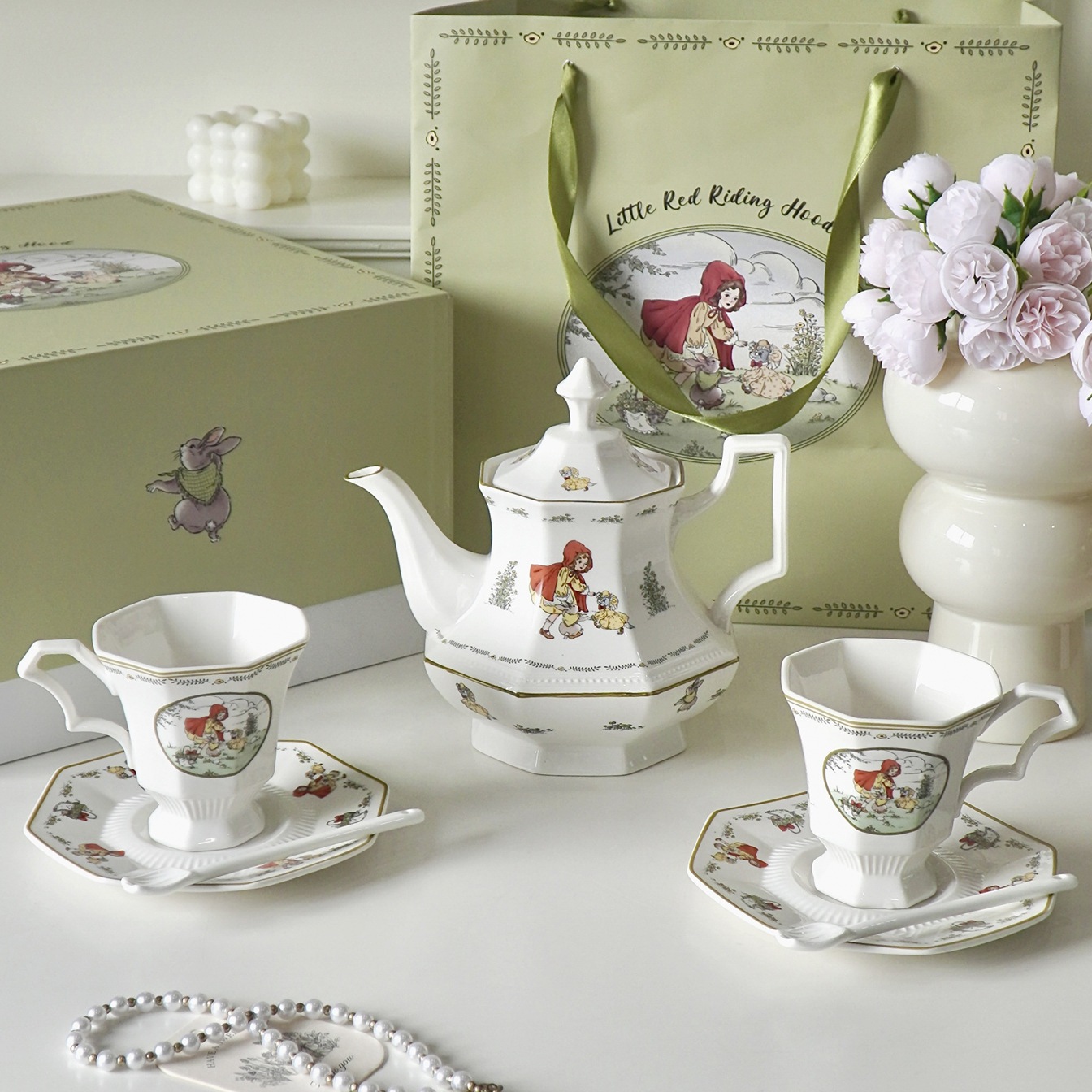 セラミック 八角形 コーヒーカップ＆ソーサー ポットセット 中高級 お土産 新築祝い ギフトボックス