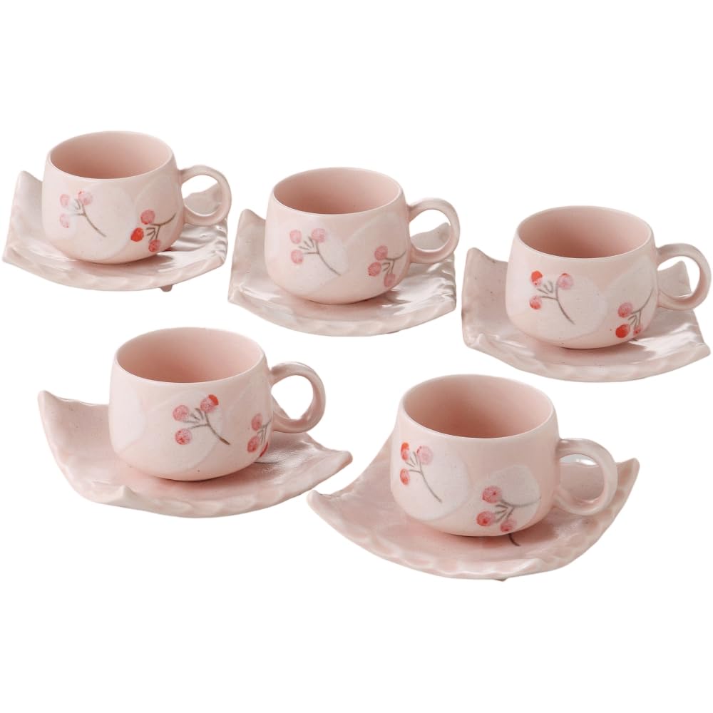 エールネット(Ale-net) カップ＆ソーサー コーヒーカップ 5客セット 志野あかね 珈琲碗皿揃 径6.8×高さ5.4cm 150ml 磁器 美濃焼 日本製 来客用 接客用 おもてなし 可愛いコー