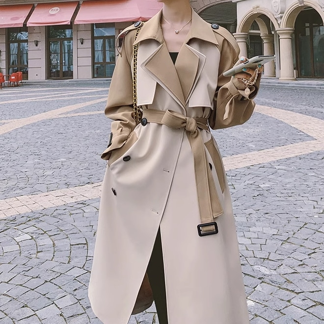 レディース アウター コート トレンチコート ロング 長袖 ラグラン 袖あり 襟付き 角襟 ベルト ポケット 前開き ボタン バイカラー ポリエステル かわいい 大人可愛い きれいめ シンプル