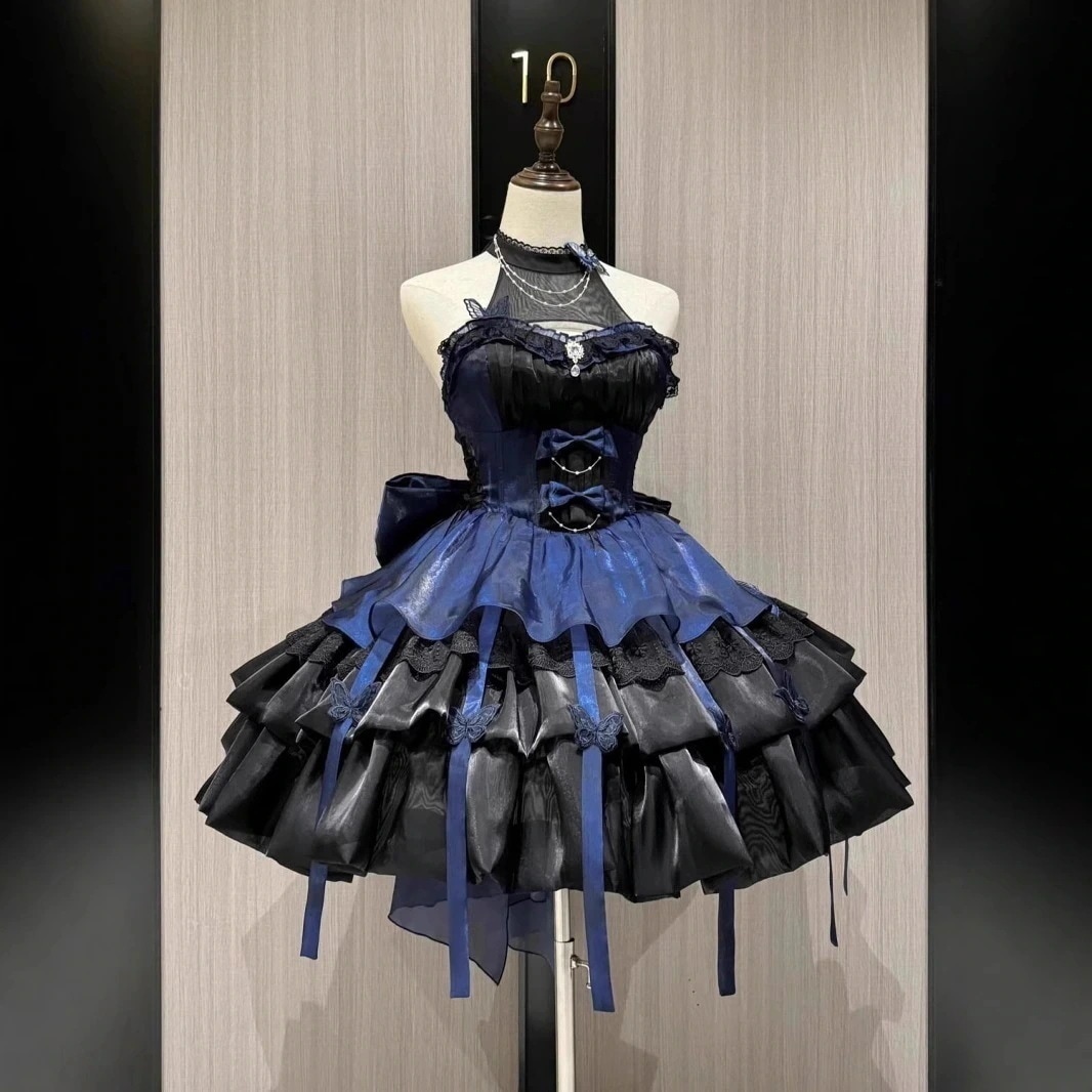 【3日出荷】ブラック × ブルーハルターネックワンピース ピュアセクシーロリータ トレーンボリュームスカート バレエスタイル コスプレ
