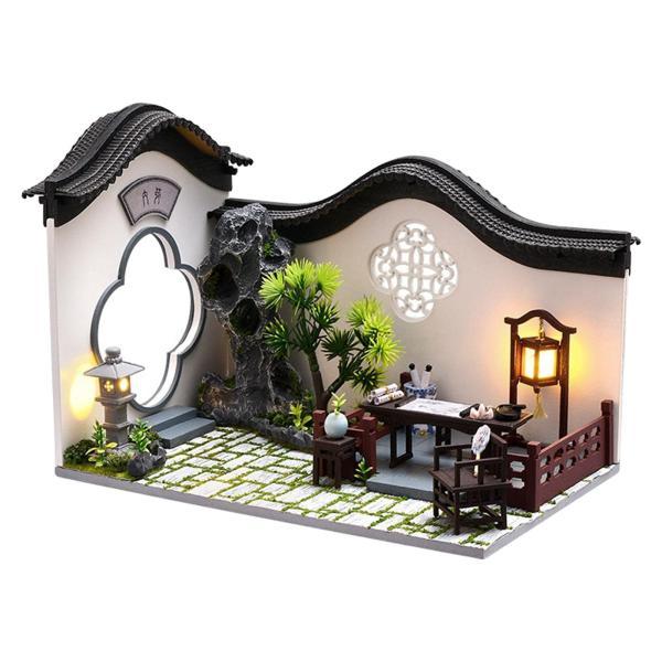 防塵カバーとバッテリーケースを備えたミニチュアドールハウスリアルな家具子供のためのLEDライト木製中国建築大人の家の装飾