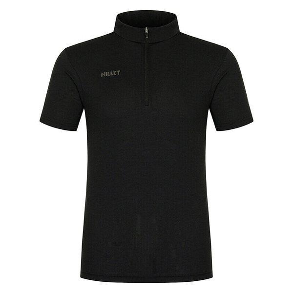 男性用夏のアウトドア機能性メッシュ素材クールストライプジップアップ半袖Tシャツ ブラック_CC
