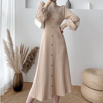 2色 ワンピース 長袖 秋冬 きれいめ ロング aライン Aライン ニット ワンピ ミドル丈 ボリュームスリーブ スタンドカラー スリム 細身 ボタン ブラック ベージュ ワンサイズ ジャスト 大人可