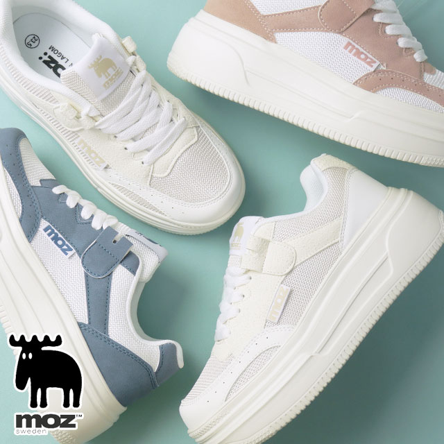 モズ スニーカー レディース 厚底 白 靴 軽量 ボリュームソール レースアップ カジュアル ホワイト ブルーグレー ピンク ローカット MZ-3957