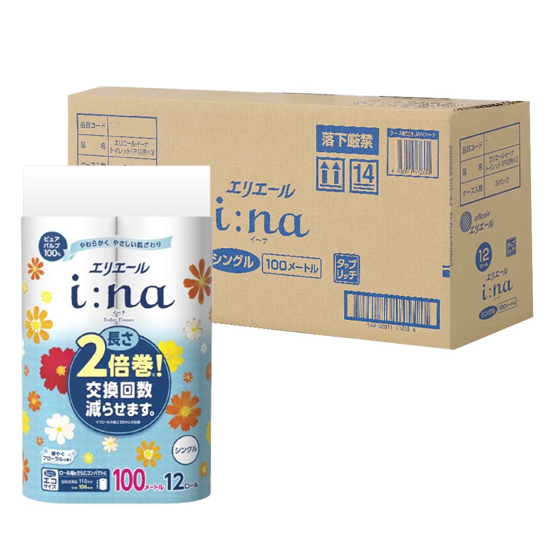 エリエール トイレットペーパー i:na(イーナ) 2倍巻き 100m×36ロール(12ロール×3パック) シングル パルプ100% 華やぐフローラルの香り 【EC限定 正規段ケース】 【ハーフケース