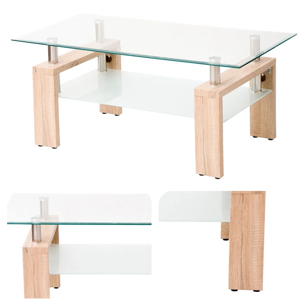 E91ガラステーブル コーヒーテーブル 幅88cm 強化ガラス天板 収納付き 二段収納 おしゃれ リビング用テーブル 棚付き 一人暮らしに最適 大容量収納 センターテーブル 木製脚