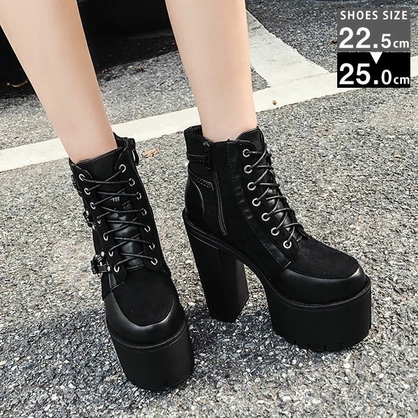ショートブーツディスカバリー厚底ブーツはブーツ レディース 厚底 歩きやすい ショートブーツ ブラック ヒール チャンキーヒール 靴 シューズ ファスナー レースアップ 編み上げ フェイクレザー 秋