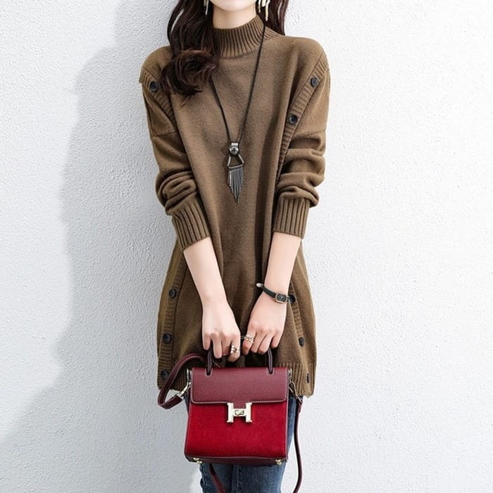 ニット レディース サイド ボタン ロング ニット 春秋冬 長袖 トップス きれいめ カジュアル 通勤