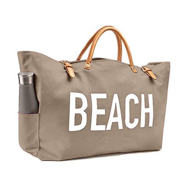 KEHO Large Canvas Beach Bag Travel Tote (Warm Sand)， Waterproof Lining， 2 Drink Holders， Pockets， FR