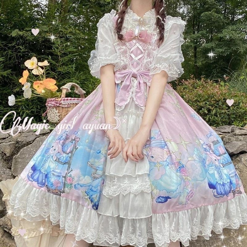 ワンピース 丸襟 フリル襟 蝶結び リボン付き 膝丈スカート OP レース 袖フリル ロリータ風 夢かわいい Aライン 可愛い 通学 卒業式