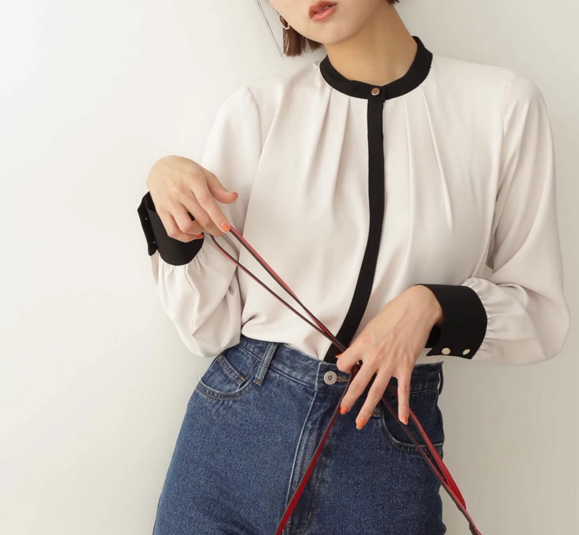 トップス ブラウス カットソー レディース 長袖 ハイネック クルーネック 襟なし ノーカラー スリム 細身 ストレート フェミニン レース 前開き 2way 薄手 かわいい 大人可愛い きれいめ