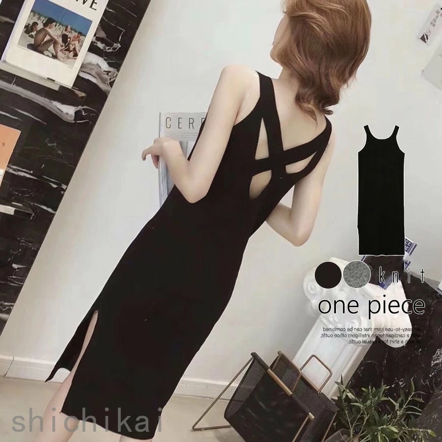 母の日 おしゃれ ニットワンピース プレゼント バッククロス ノースリーブ レディース 膝下丈 スリット THOM WILLS 着やせ ホワイトデー タイトワンピース ロングワンピ 5,851円