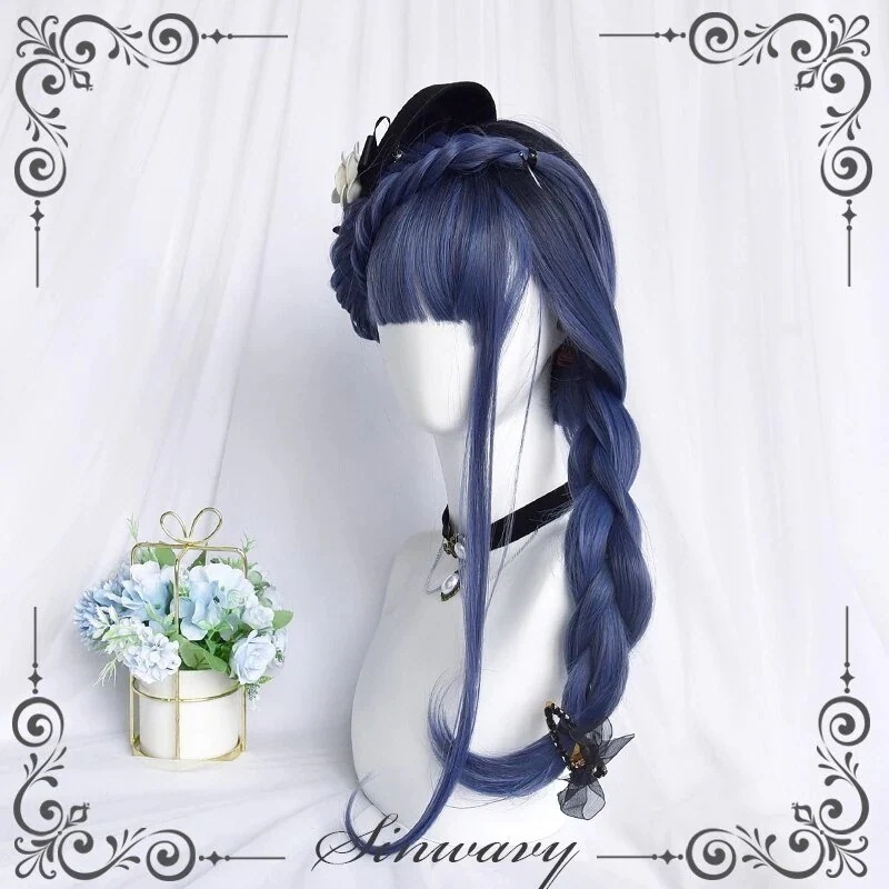 ヘイズブルー × パープルロリータウィッグ エアバング + マイクロボリューム ロングカーリーヘア リンギング造型