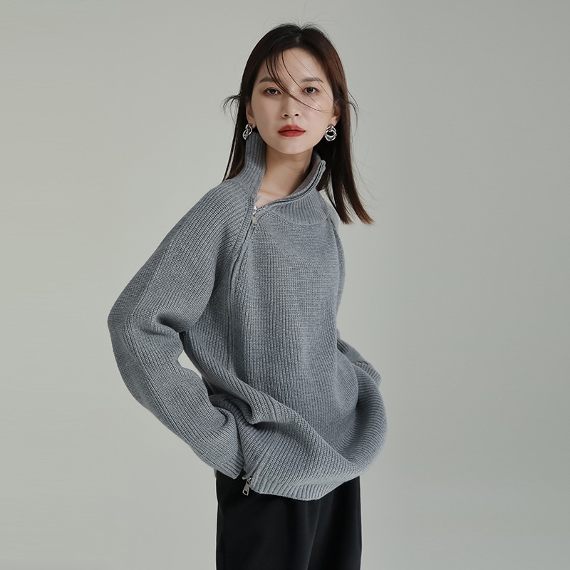 レディース ニット 斜め メガ割 ファスナー ブラウス 厚手 セーター スリット ベーシック 冬 カシミヤタッチ 【J.Fashion】 ゆる