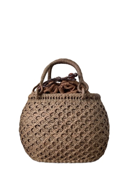 国産山葡萄 籠バッグ 二重編み 巾着タイプ内布 丸い (約)幅25×本体高さ18×マチ13cm