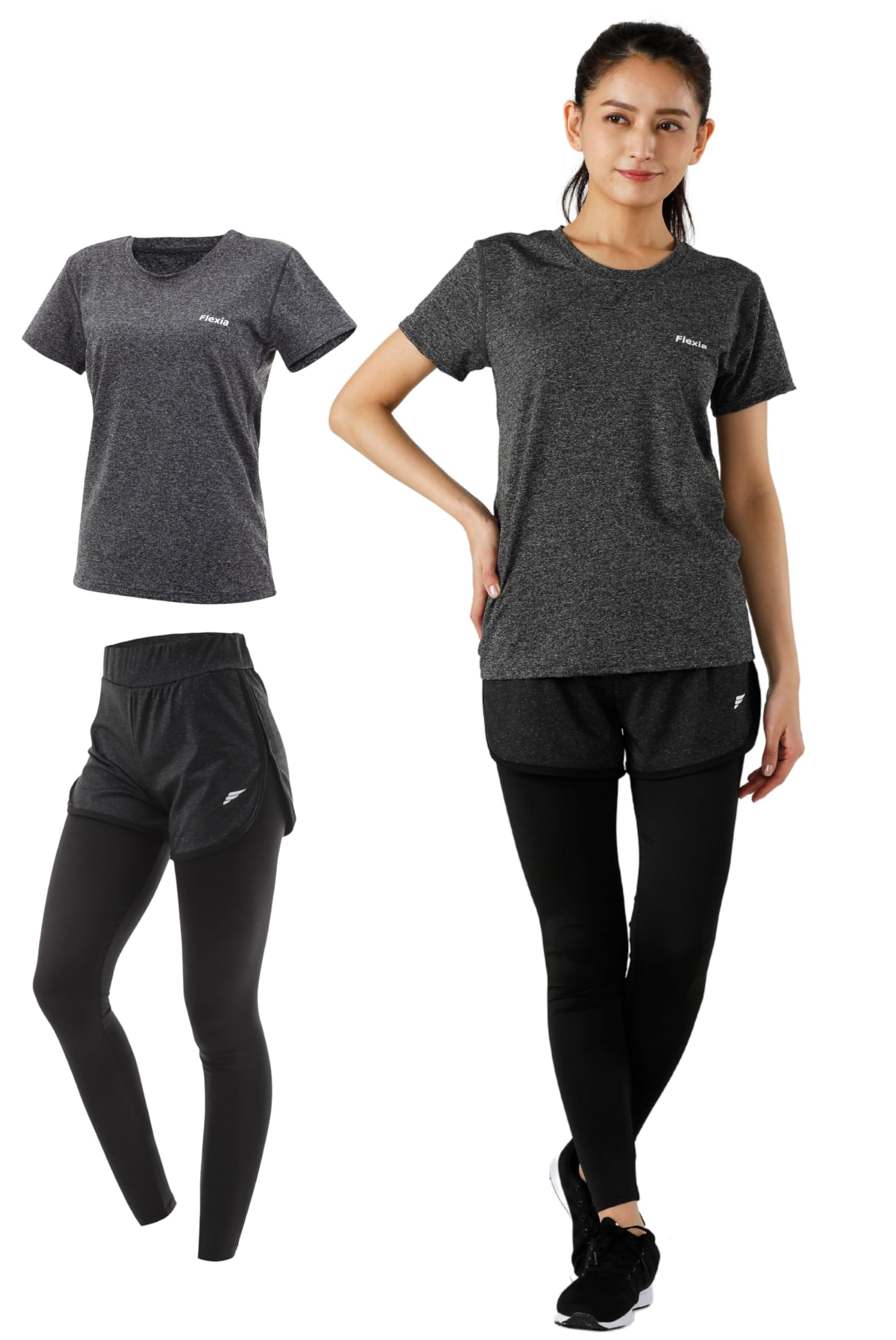 [Flexia フレキシア] 体型カバーできる スポーツウェア レディース 上下セット 半袖 Tシャツ パンツ レギンス 一体型 ヨガウェア トレーニングウェア ジムウェア 速乾 (ダークグレー, L