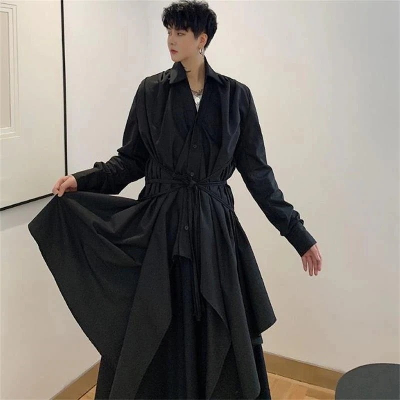メンズスーパーロングテザーウエストシャツニューファッショントレンドイレギュラー裾ルーズトップコート