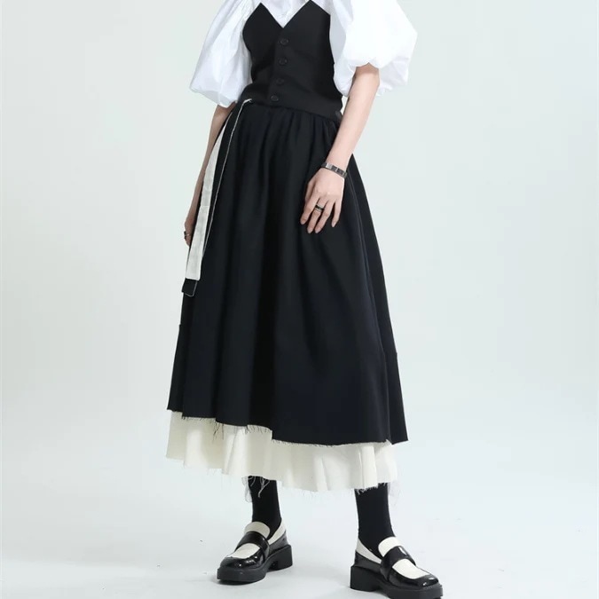 個性 不規則 デザインバイカラーレイヤードミモレ丈スカート