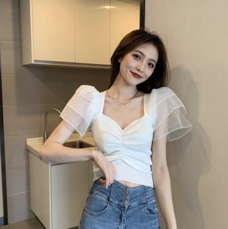 トップス デート シャツ ブラウス カットソー ショート ショート丈 袖あり スリム タイト 細身 個性的 ホワイト ピンク イエロー グリーン ブルー ブラック こなれ感 エレガント クール