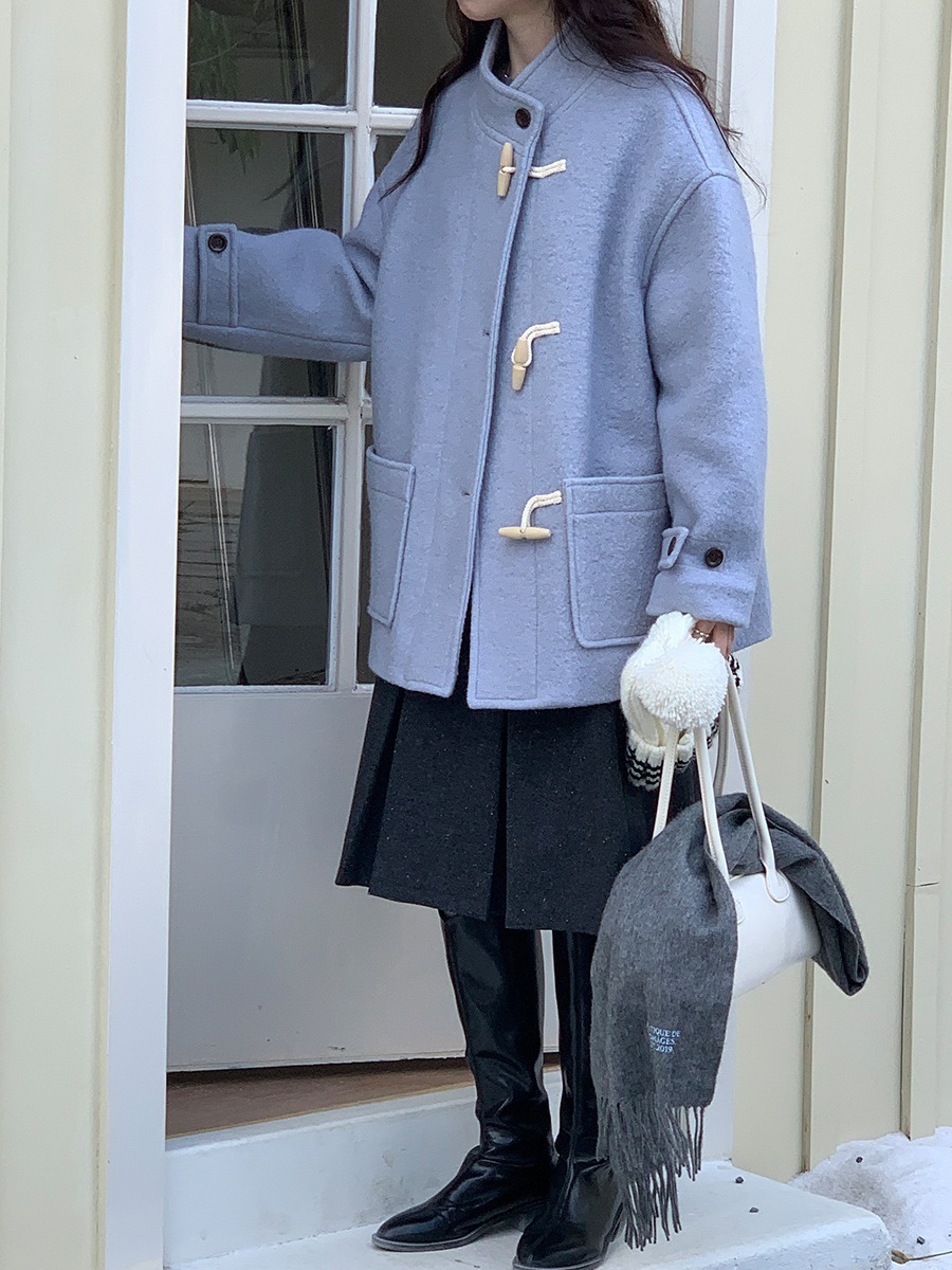 牛角バックル・ツイード・ジャケット 韓国版ゆったり万能ミディアム丈ウールコート