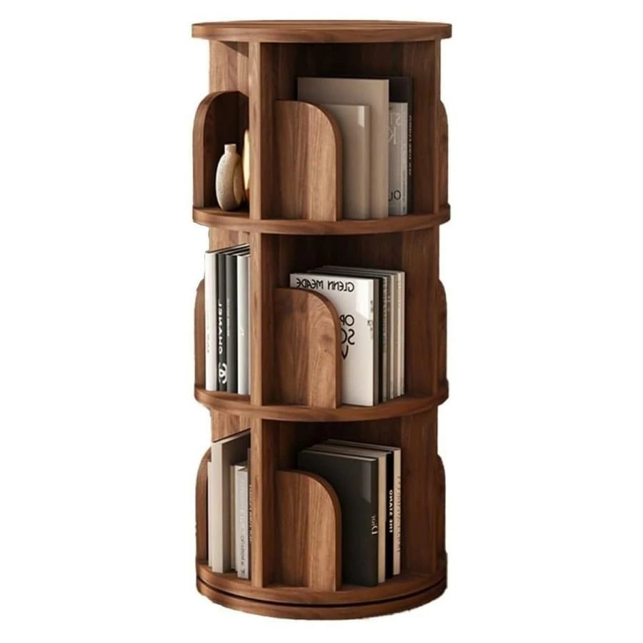本棚 回転式本棚 360 3段 回転ラック 無垢材シェルフ CDラック 絵本棚 リビングルーム マルチレベル収納棚 ウォールナット 絵本棚 漫画 収納 大容量 スリム マ
