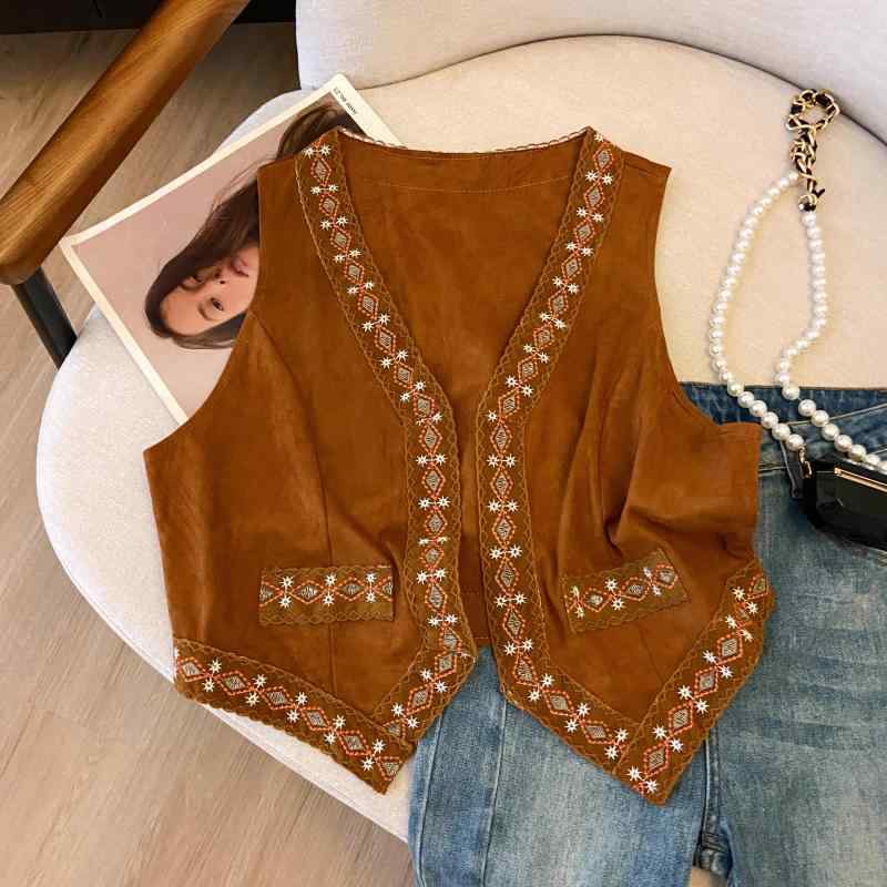 ベスト レディース レトロ エスニック 刺繍 ベスト ショート ジャケット ノースリーブ ヴィンテージ カジュアル アウトドア おしゃれ ユニーク かわいい ストリート ファッション