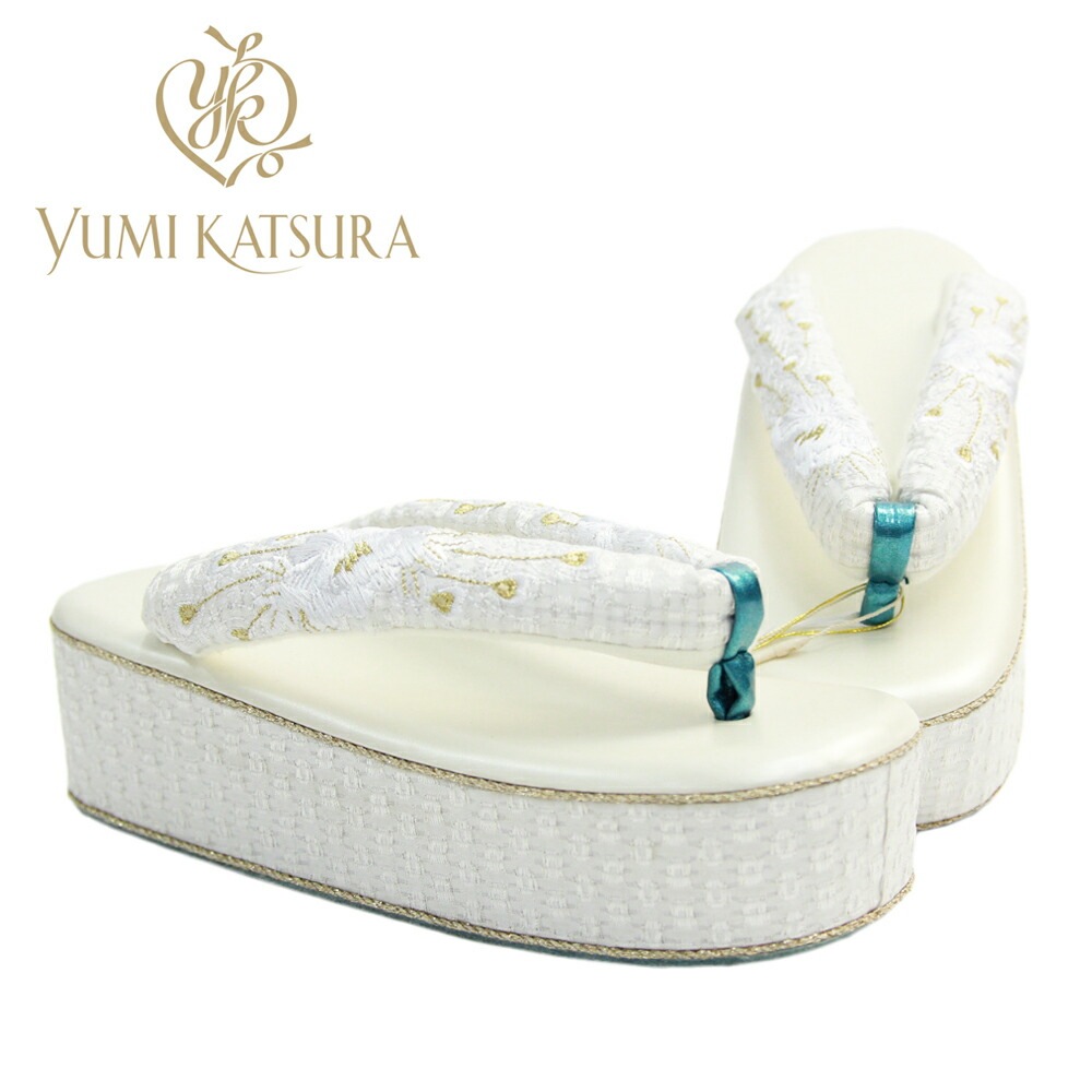 YUMI KATSURA 振袖 草履 厚底 牡丹クジャク刺繍 白 孔雀 佐賀錦 フリーサイズ 草履 成人式 厚底 卒業式 ヒール 痛くない 単品 桂由美