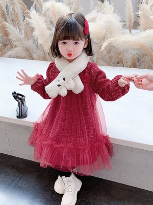 子供 格子 ワンピース 2021 秋冬 新型 韓国版 子供ネット 紗 毛ですね スカート マフラー