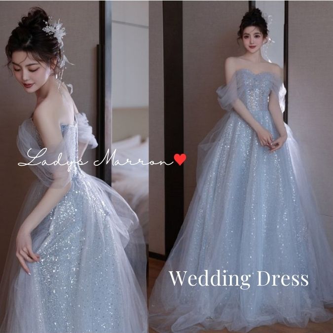 【即納】ウェディングドレス カラードレス 演奏会 ブルードレス ピアノ発表会ドレス 大人 前撮りドレス 花嫁 二次会 お色直しドレス フォトウェディング プリンセスドレス オフショルドレス かわいい