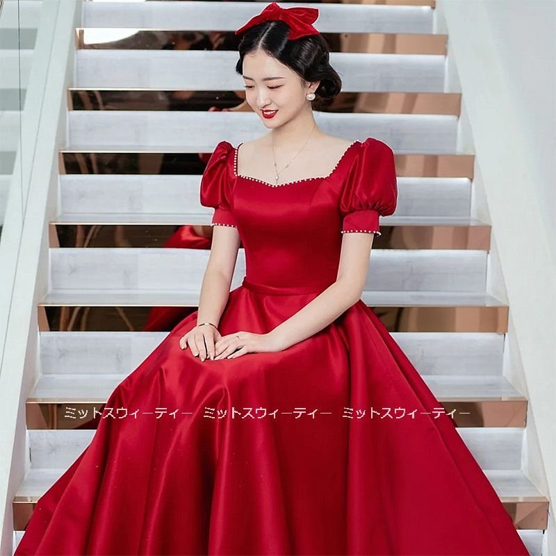 ロングドレス レッド 演奏会 カラードレス 結婚式 イブニングドレス 二次会 パーティードレス 発表