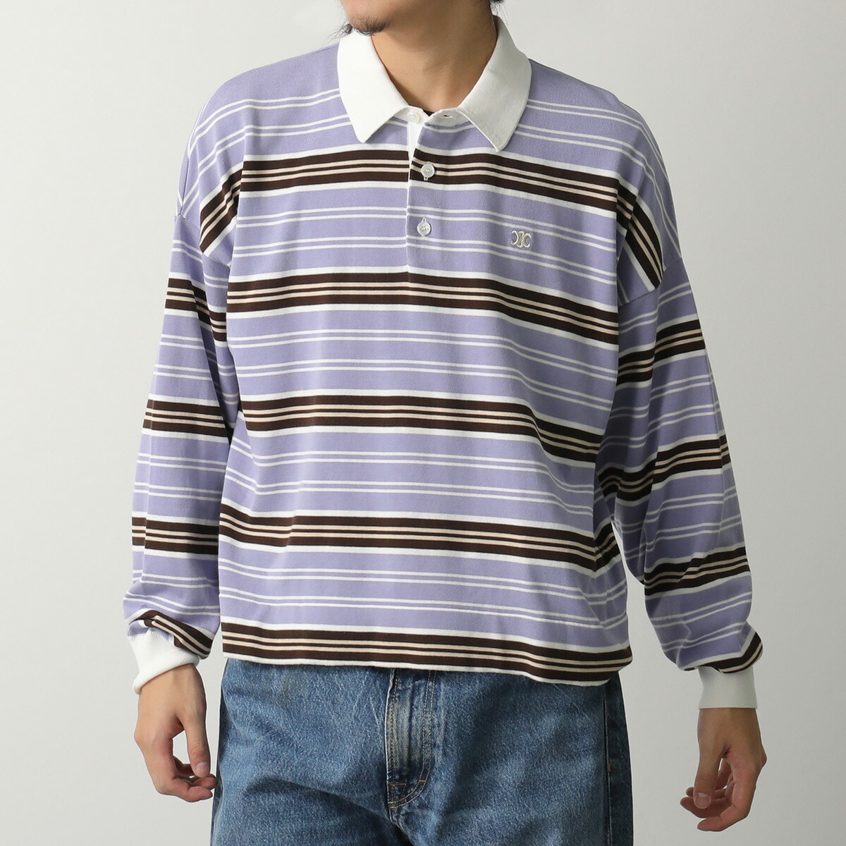 CELINE セリーヌ ポロシャツ RY0HV886Z.GBT9 メンズ トリオンフ刺繍 ポロセーター ストライプ ボーダー コットン 長袖 パープル