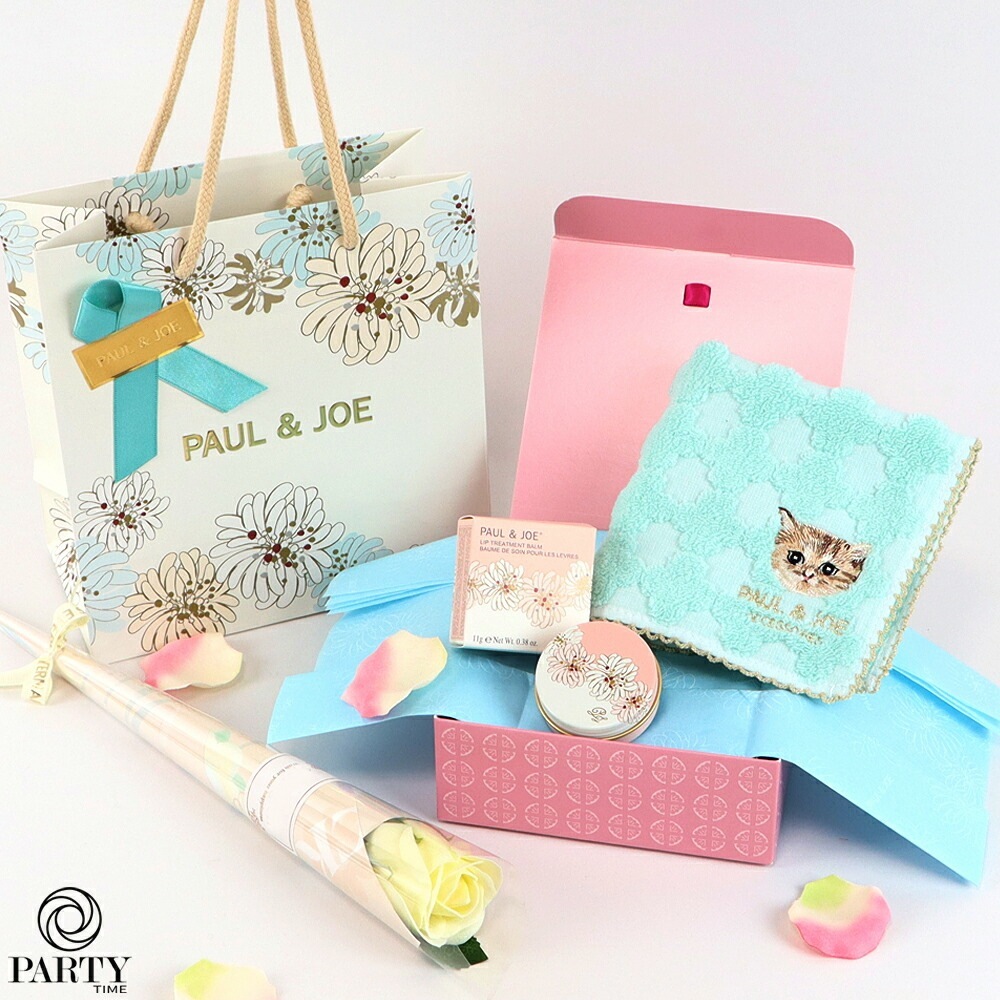 PAUL & JOE BEAUTE(ポール ＆ ジョー ボーテ) 【パリジェンヌ ギフトセット C】ハンドタオル ＋ リップバーム ＋ ソープフラワーブーケ (ラッピング済)【季節のソープフラワーブー
