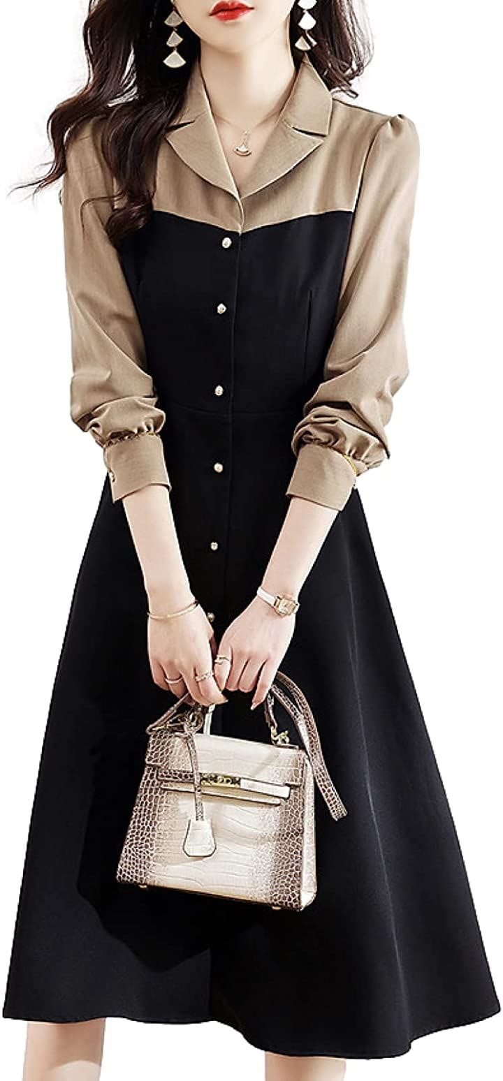 バイカラー ワンピース Aライン 膝下丈 前開き 長袖 レディース(ベージュ/ブラック, L)