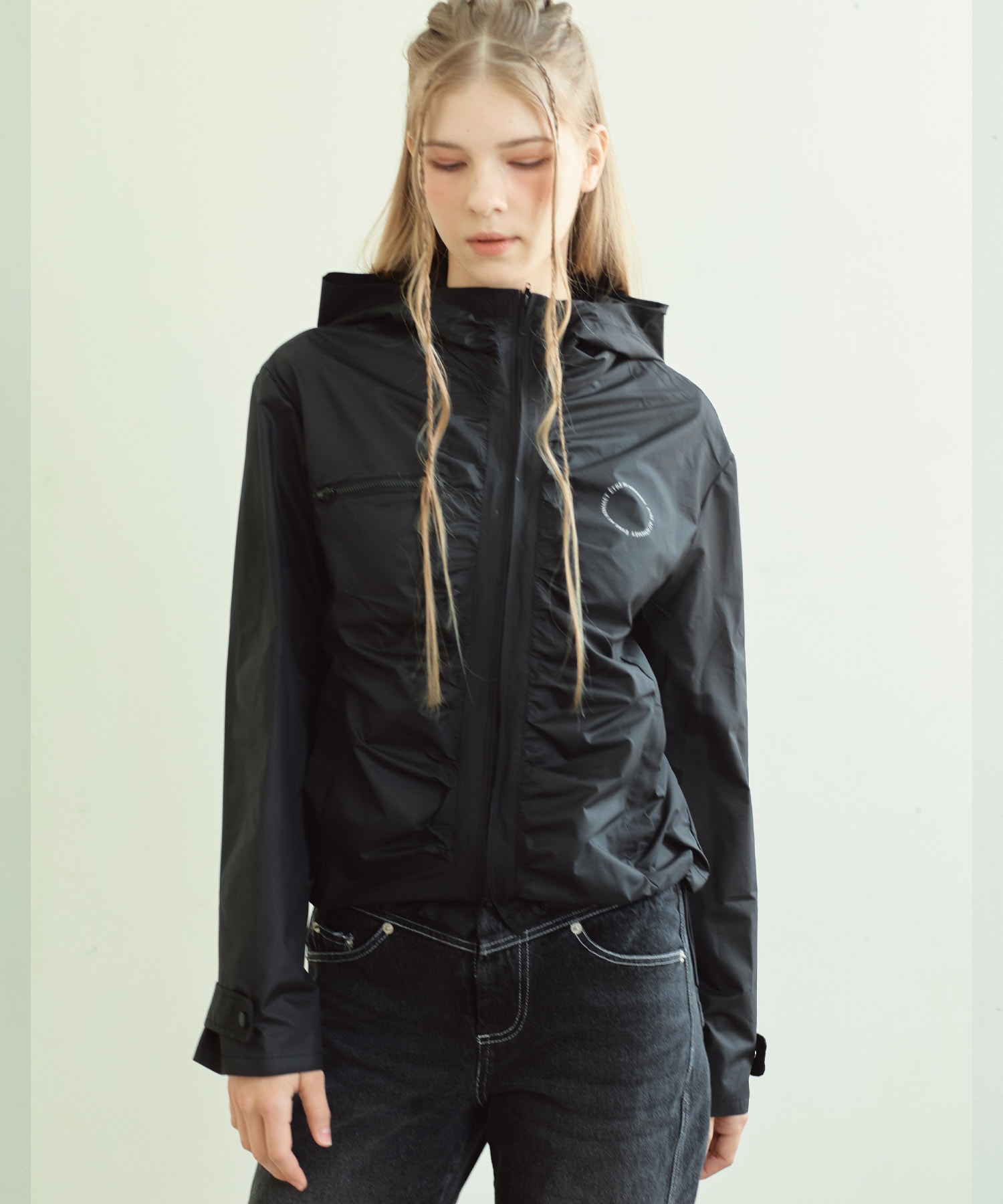 シャーリング フード ジップアップ (ブラック)