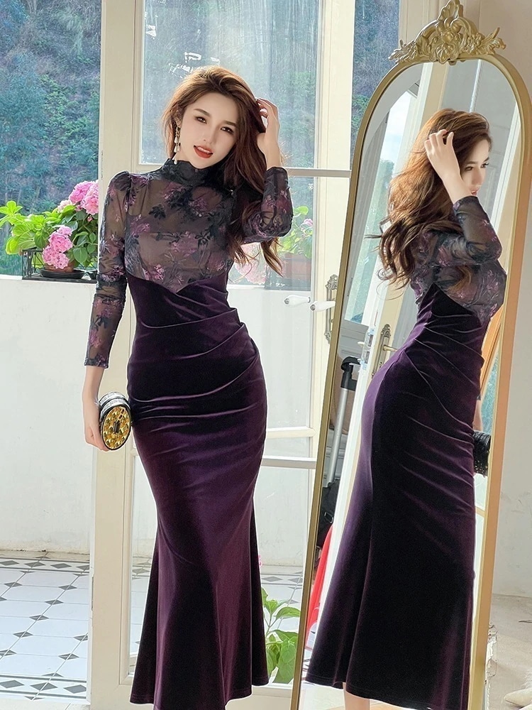 【JY.上品】 2025春冬 チュール 花柄 ロングワンピース レース ベルベット パーティードレス 着痩せ 大人 お呼ばれ 同窓会 披露宴 卒業式 結婚式 ウェディング 二次会 成人式