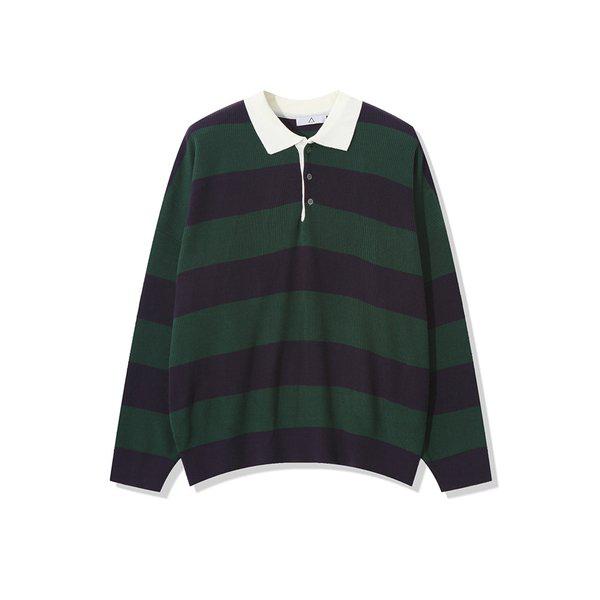 メンズ秋配色ストライプカラーネック長袖ニットTシャツ AC-KN-Q61-グリーン