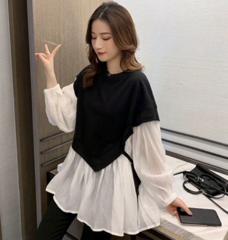 重ね着風ロング丈チュニック シャツ トップス ブラウス ベスト 長袖 ラウンドネック ストレート かわいい 可愛い きれいめ シンプル カジュアル 上品 おしゃれ お洒落 かっこいい レトロ