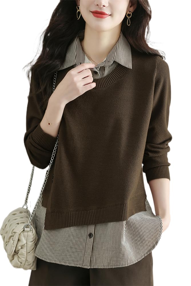 ニット トップス レディース プルオーバー フェイクレイヤード セーター 襟付き 重ね着 シャツ ストライプ 切り替え カットソー 長袖 上着 おしゃれ 秋 冬 春