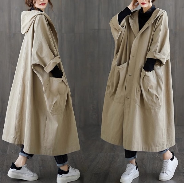 アウター コート スプリングコート ロング丈 長袖 ドロップショルダー ラグラン ノーカラー デザイン ボタン オーバーサイズ ビッグシルエット 美ライン ニュアンス 薄手 フード付き カラバリ