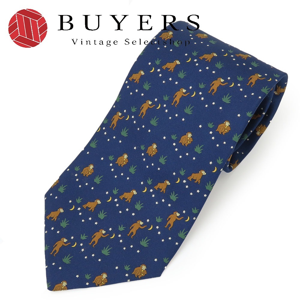 中古 ネクタイ サル 月 シルク ネイビー マルチカラー アニマル柄 スーツ ビジネス メンズ 男性