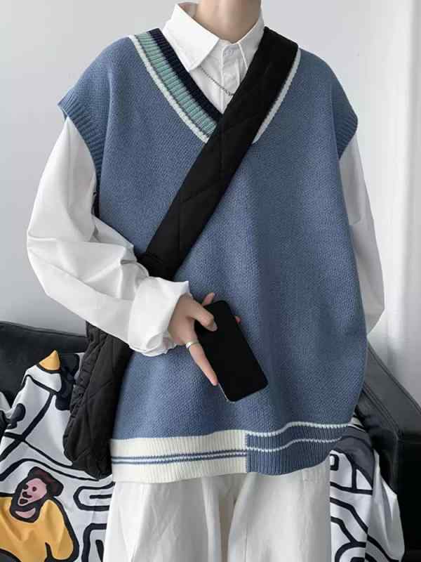 ニットベスト メンズ Vネック 配色 男性用 プルオーバー ゆったり 無袖 セーター 秋物 ポリエステル 普段使い トップス 4,298円