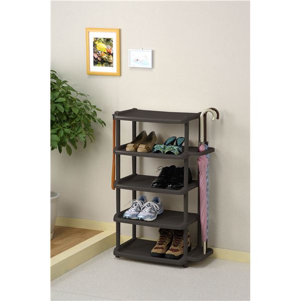 シューズラック [5段 ダブル ブラウン] 玄関収納 靴収納 ワイド 傘立て スリッパラック