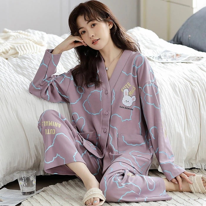 パジャマ レディース 可愛い 前開き 通気性 綿100％ コットン ルームウェア 上下セット 長袖 春 秋 柔らかい 肌触りがいい 部屋着 セットアップ 大きいサイズ おしゃれ かわいい シンプル 寝