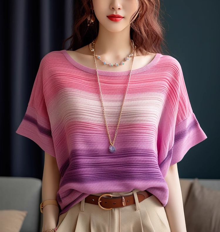 トップス Tシャツ シャツ プルオーバー ニット ストライプ柄 半袖 ラウンドネック サマーニット 薄手 きれいめ 大人 上品 おしゃれ かっこいい エレガント ストライプ 春 夏 レディース