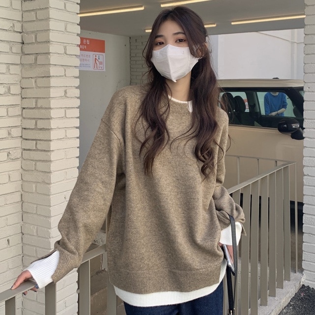 トップス セーター 長袖 ラウンドネック 襟なし スリット サイドスリット 切り替えデザイン