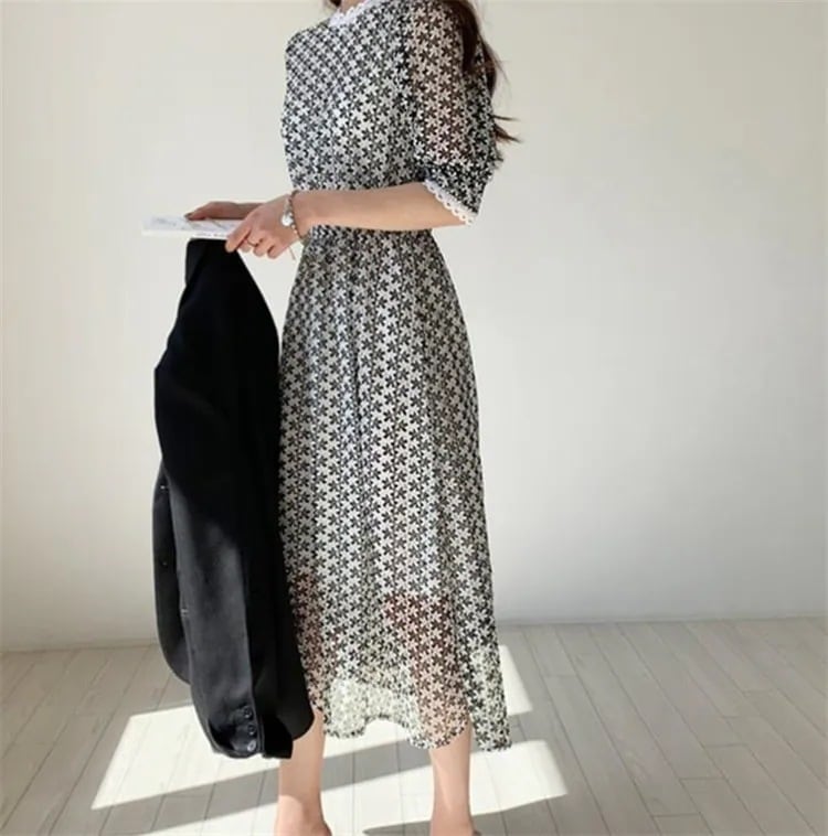 每日更新今だけの韓国ファッション レース フックフラワー ウエスト 半袖 スリム ファッション ワンビース 気質 中長セクション ワンビース 27,726円