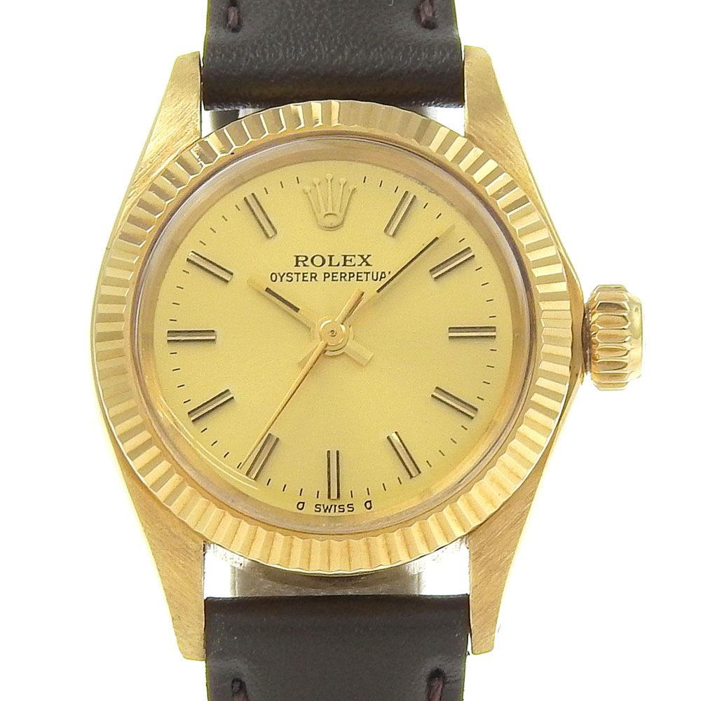 オイスターパーペチュアル cal.2030 6719 腕時計 K18ゴールド 型押しレザー 自動巻き レディース シャンパンゴールド文字盤 中古品